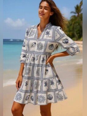 NWT Cynthia Rowley Calypso St Barth Beach Coastal Seashells Print Pockets Dress